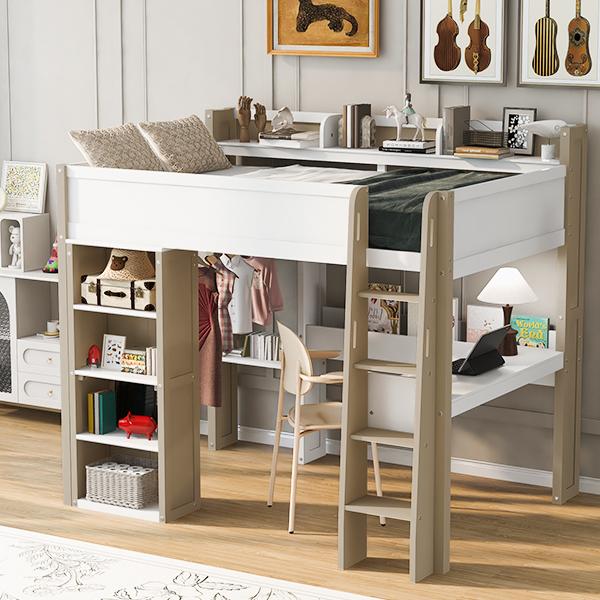 Full Size Wood Loft Bed with Built-in storage shelves, Clothes rails and desk, White+Naturel