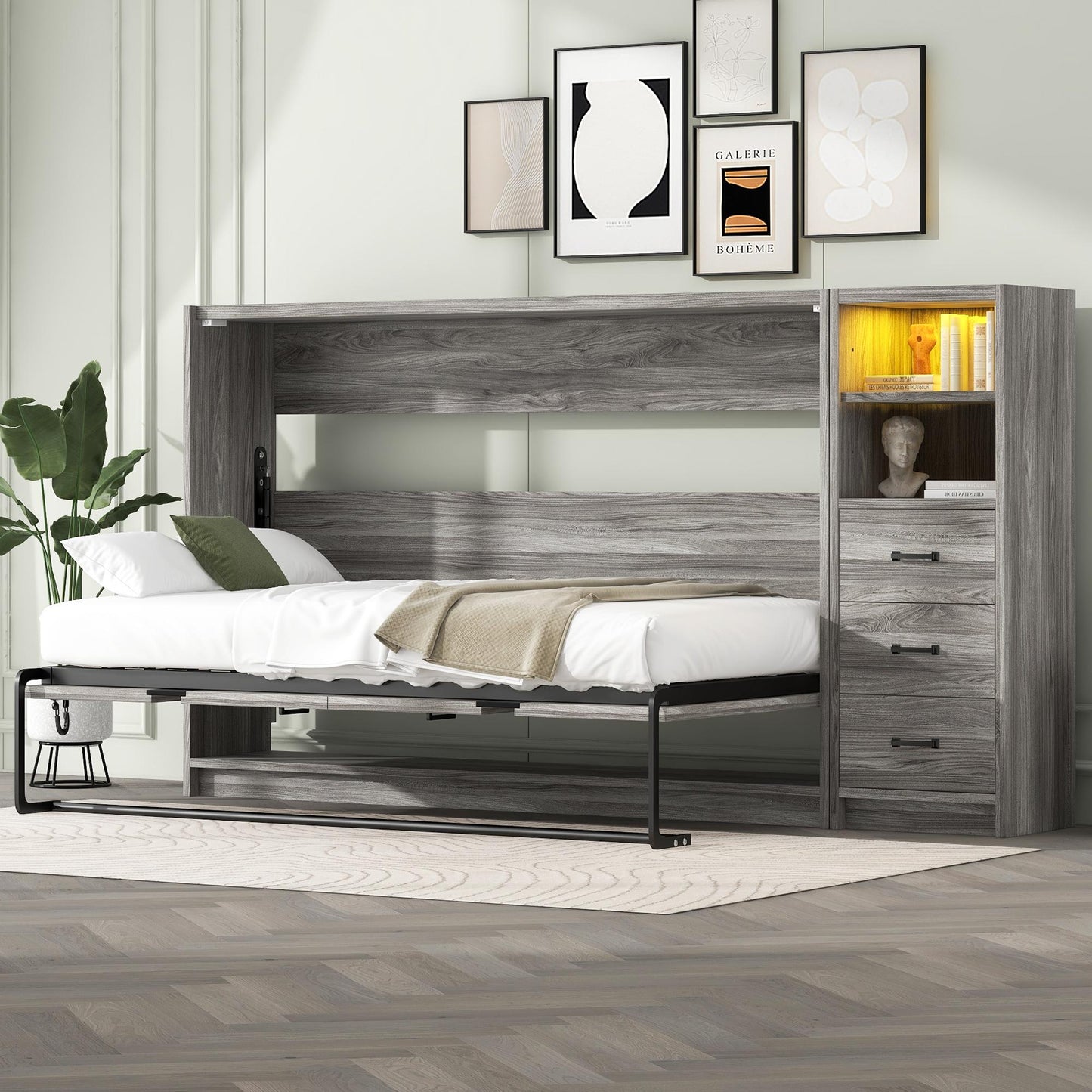 Twin Size Murphy Bed with Drawers and LED Light, can be Folded into a Cabinet, Gray