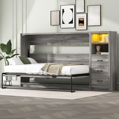 Twin Size Murphy Bed with Drawers and LED Light, can be Folded into a Cabinet, Gray