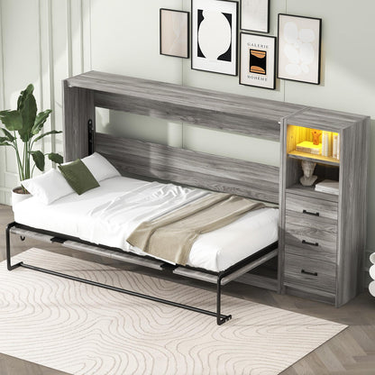 Twin Size Murphy Bed with Drawers and LED Light, can be Folded into a Cabinet, Gray
