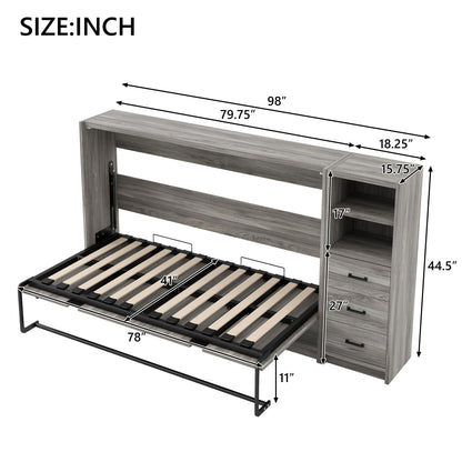 Twin Size Murphy Bed with Drawers and LED Light, can be Folded into a Cabinet, Gray