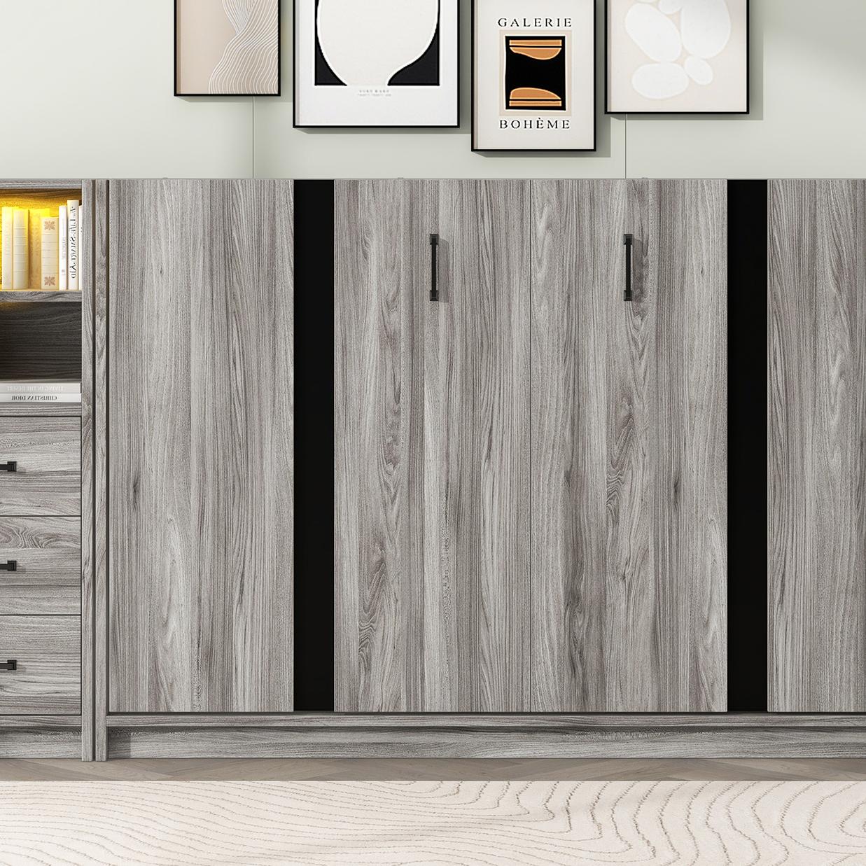 Twin Size Murphy Bed with Drawers and LED Light, can be Folded into a Cabinet, Gray