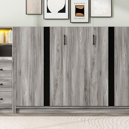 Twin Size Murphy Bed with Drawers and LED Light, can be Folded into a Cabinet, Gray