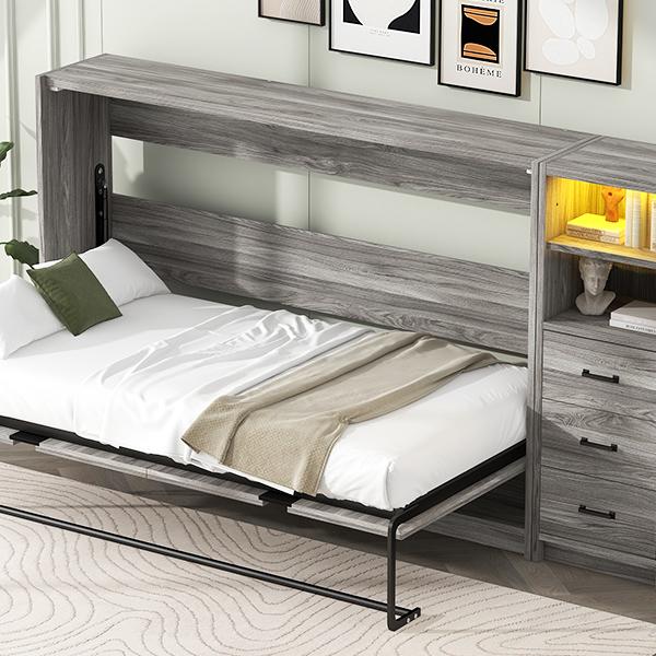 Twin Size Murphy Bed with Drawers and LED Light, can be Folded into a Cabinet, Gray
