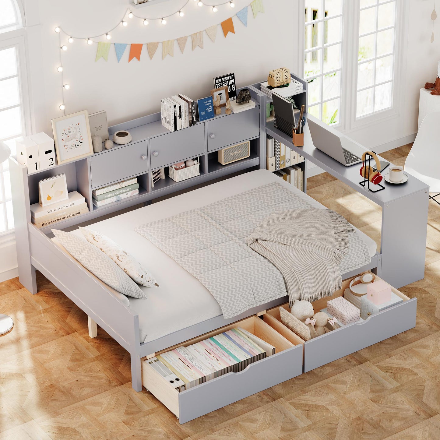 Full Size Daybed with Storage 3 Cabinets and 2 Drawers, Wooden L-Shape Daybed Frame with Study Desk and Built-in Bookshelf, Multi-functional Bed for Bedroom Guest Room,Gray