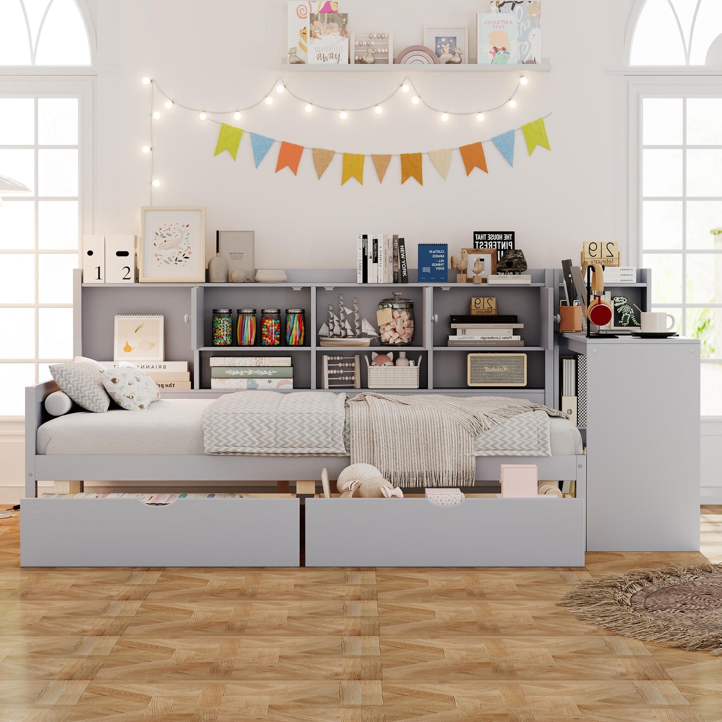 Full Size Daybed with Storage 3 Cabinets and 2 Drawers, Wooden L-Shape Daybed Frame with Study Desk and Built-in Bookshelf, Multi-functional Bed for Bedroom Guest Room,Gray