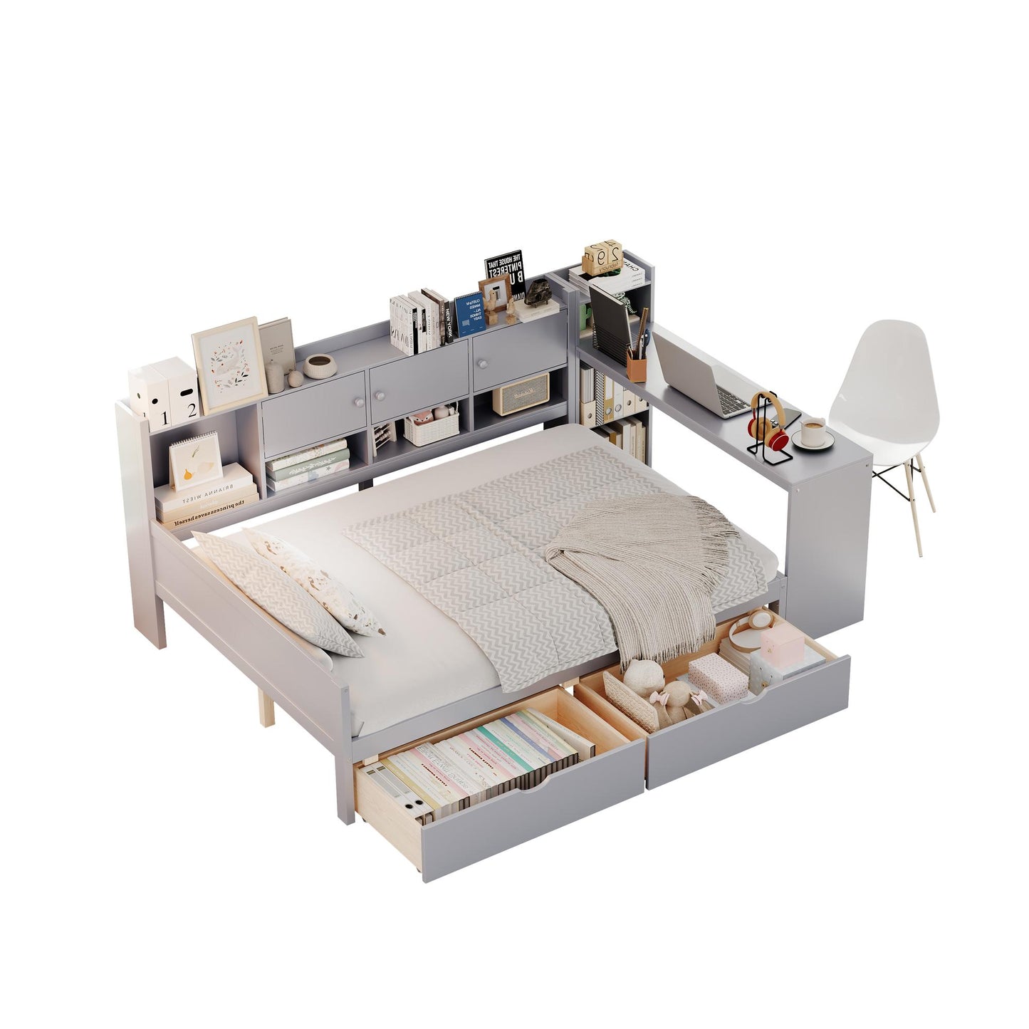 Full Size Daybed with Storage 3 Cabinets and 2 Drawers, Wooden L-Shape Daybed Frame with Study Desk and Built-in Bookshelf, Multi-functional Bed for Bedroom Guest Room,Gray