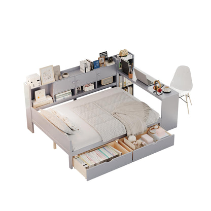 Full Size Daybed with Storage 3 Cabinets and 2 Drawers, Wooden L-Shape Daybed Frame with Study Desk and Built-in Bookshelf, Multi-functional Bed for Bedroom Guest Room,Gray