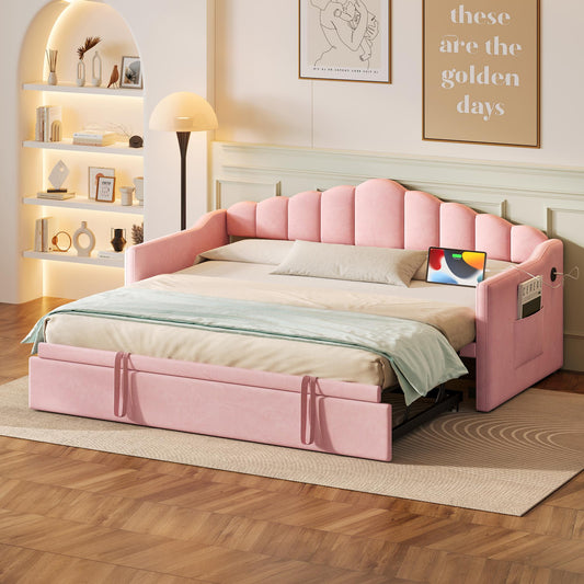 Upholstered Twin Size Daybed with Adjustable Height Pop Up Trundle Twin Bed and USB & Type-C Charging Port, Day Bed Frame with 2 Side Pockets, No Box-Spring Needed, Pink