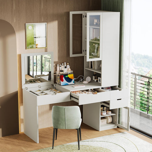 Versatile Makeup Vanity Desk with Mirror and Charging Station, Dressing Table with 8 Hidden Storage Compartments, Computer Desk with 3 Drawers, 2 Cabinets and Open Shelves,Home Office Desk, White