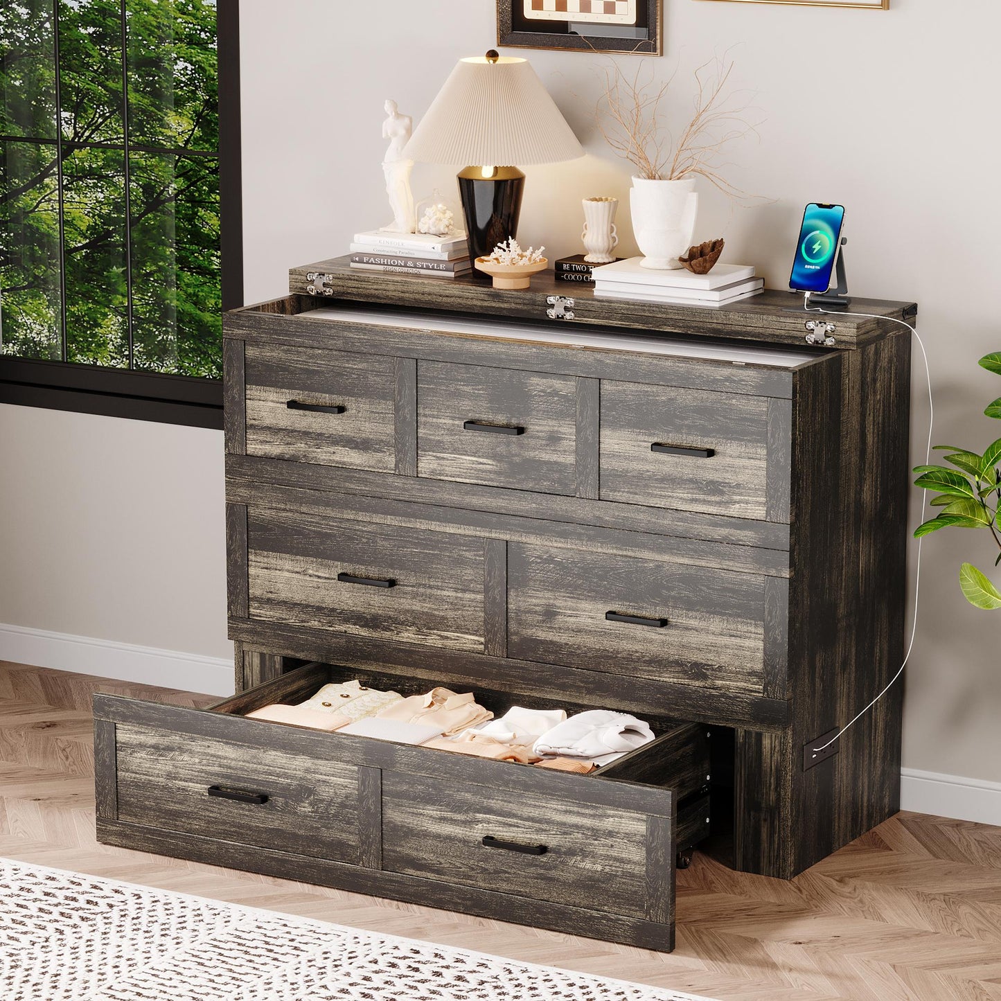 Murphy Bed Cabinet Full Size with Charging Station, Multi-Functional Foldable Platform Bed with 1 Large Storage Drawer for Guest Room, Small Bedroom, Rustic Gray