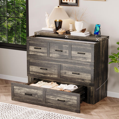 Murphy Bed Cabinet Full Size with Charging Station, Multi-Functional Foldable Platform Bed with 1 Large Storage Drawer for Guest Room, Small Bedroom, Rustic Gray