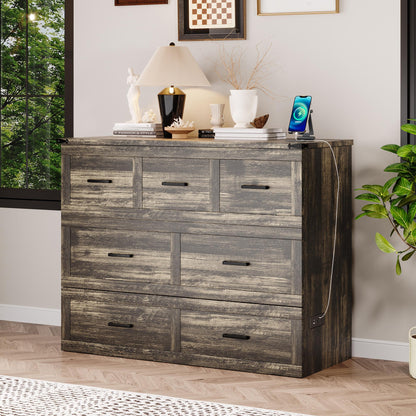 Murphy Bed Cabinet Full Size with Charging Station, Multi-Functional Foldable Platform Bed with 1 Large Storage Drawer for Guest Room, Small Bedroom, Rustic Gray