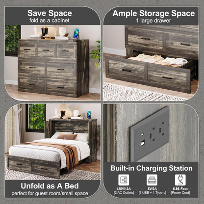 Murphy Bed Cabinet Full Size with Charging Station, Multi-Functional Foldable Platform Bed with 1 Large Storage Drawer for Guest Room, Small Bedroom, Rustic Gray