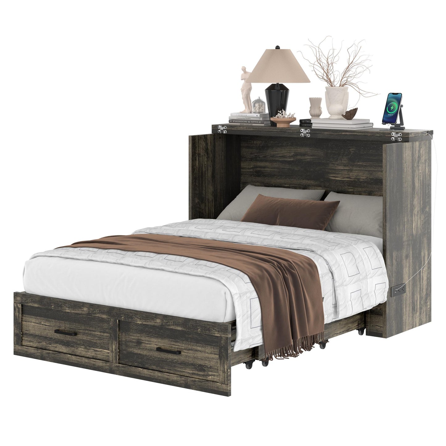 Murphy Bed Cabinet Full Size with Charging Station, Multi-Functional Foldable Platform Bed with 1 Large Storage Drawer for Guest Room, Small Bedroom, Rustic Gray