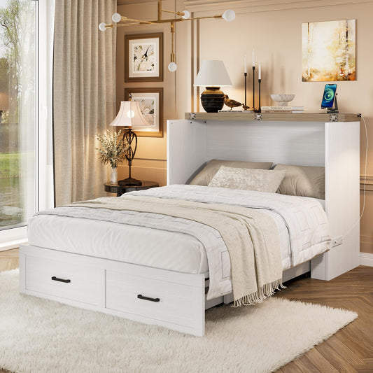 Murphy Bed Cabinet Full Size with Charging Station, Multi-Functional Foldable Platform Bed with 1 Large Storage Drawer for Guest Room, Small Bedroom, White
