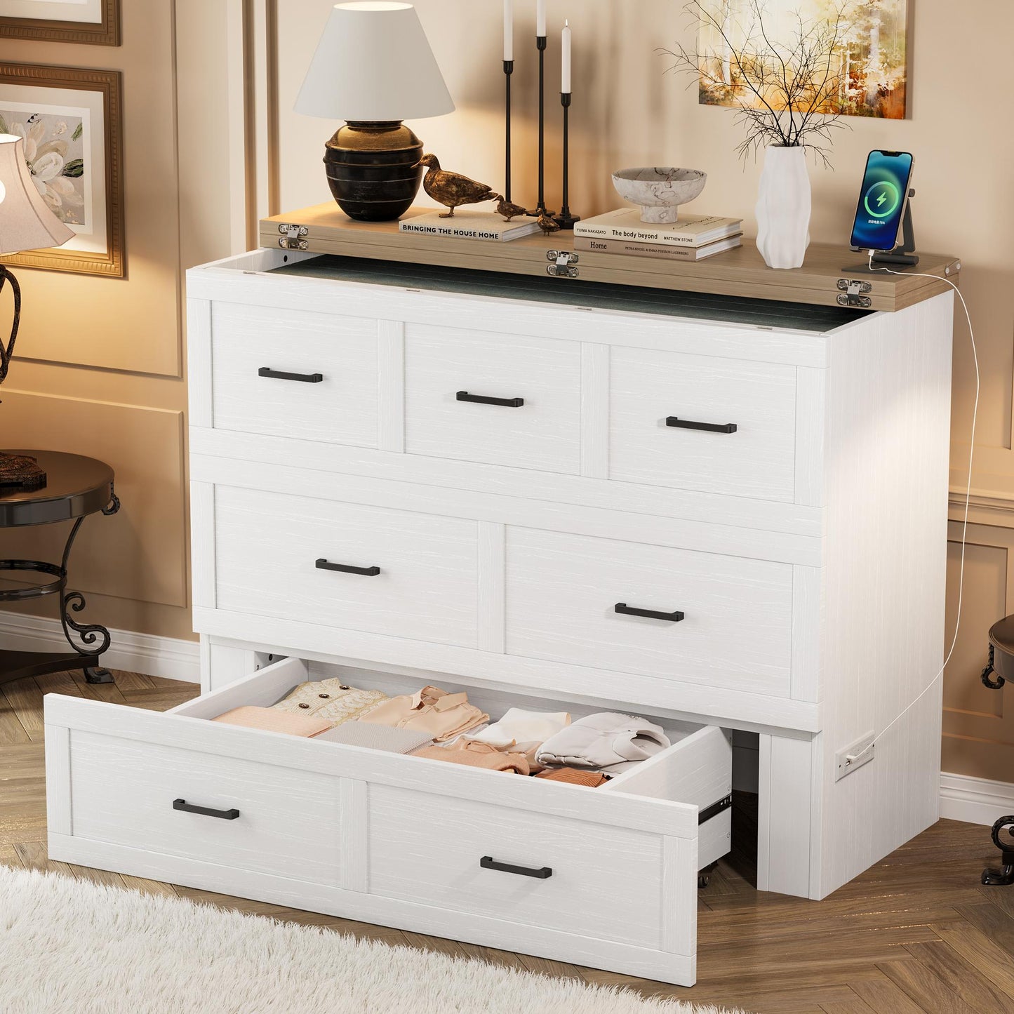 Murphy Bed Cabinet Full Size with Charging Station, Multi-Functional Foldable Platform Bed with 1 Large Storage Drawer for Guest Room, Small Bedroom, White