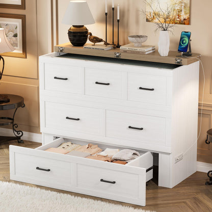 Murphy Bed Cabinet Full Size with Charging Station, Multi-Functional Foldable Platform Bed with 1 Large Storage Drawer for Guest Room, Small Bedroom, White