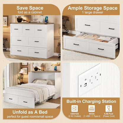 Murphy Bed Cabinet Full Size with Charging Station, Multi-Functional Foldable Platform Bed with 1 Large Storage Drawer for Guest Room, Small Bedroom, White