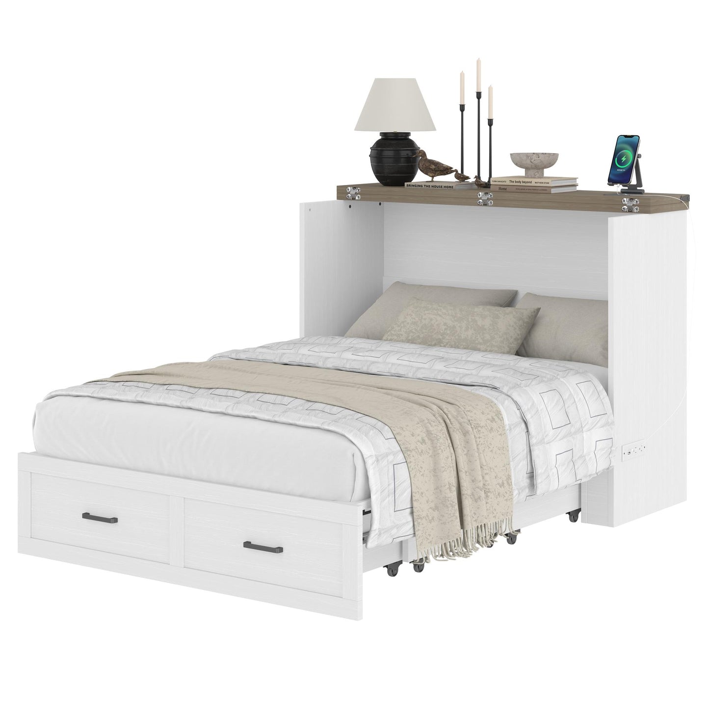 Murphy Bed Cabinet Full Size with Charging Station, Multi-Functional Foldable Platform Bed with 1 Large Storage Drawer for Guest Room, Small Bedroom, White