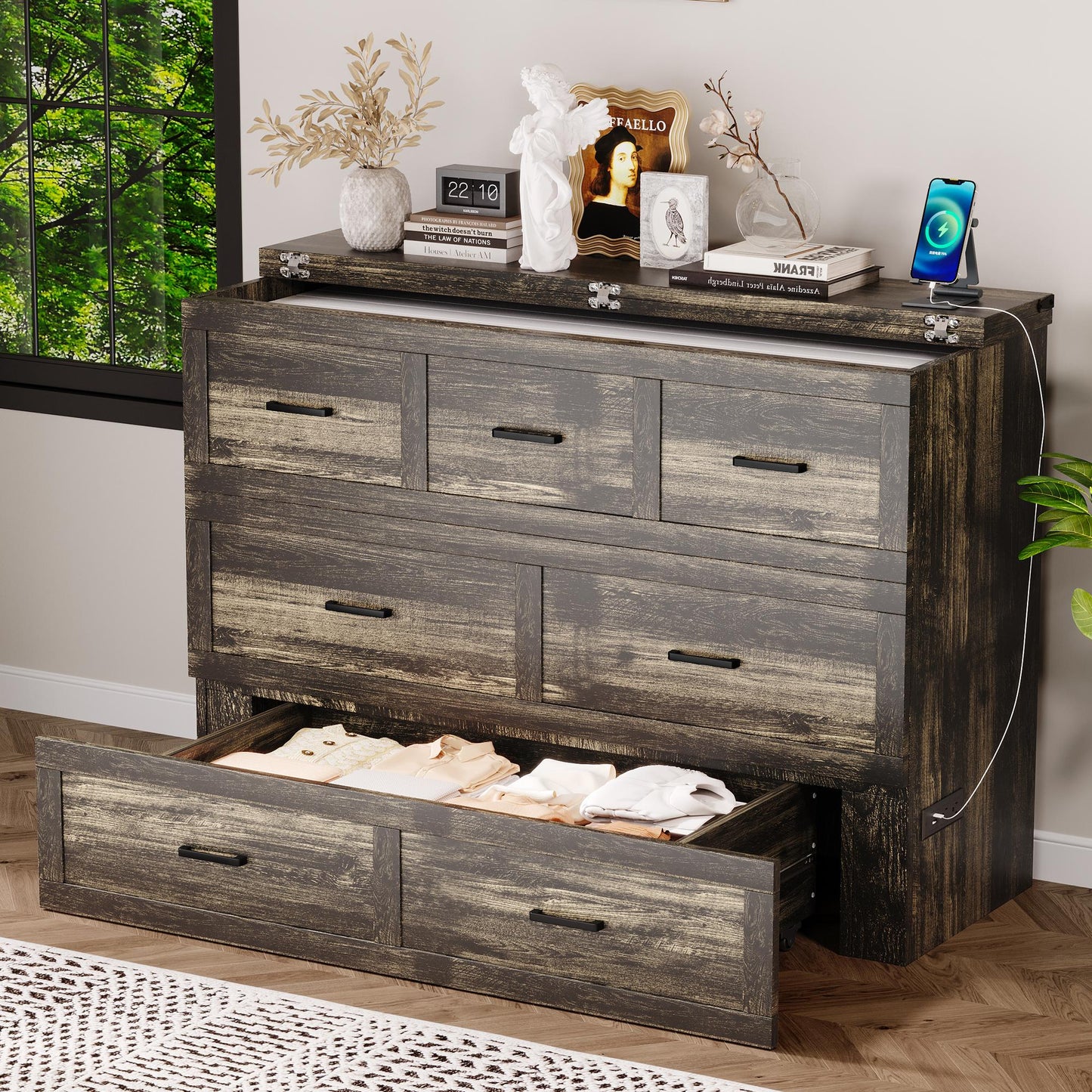 Murphy Bed Cabinet Queen Size with Charging Station, Multi-Functional Foldable Platform Bed with 1 Large Storage Drawer for Guest Room, Small Bedroom, Rustic Gray