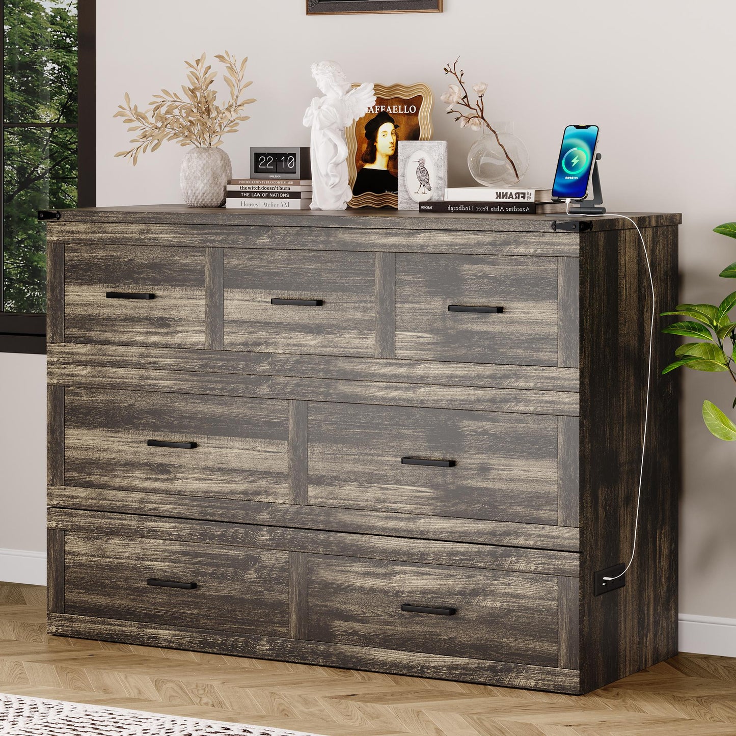Murphy Bed Cabinet Queen Size with Charging Station, Multi-Functional Foldable Platform Bed with 1 Large Storage Drawer for Guest Room, Small Bedroom, Rustic Gray
