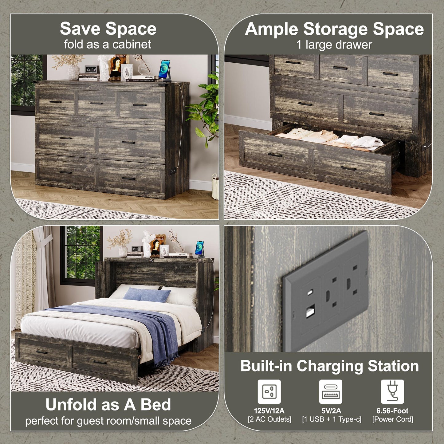Murphy Bed Cabinet Queen Size with Charging Station, Multi-Functional Foldable Platform Bed with 1 Large Storage Drawer for Guest Room, Small Bedroom, Rustic Gray
