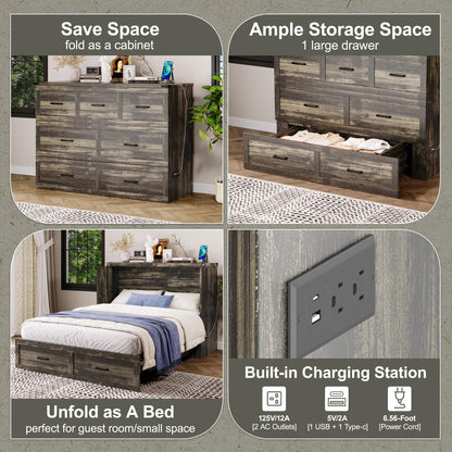 Murphy Bed Cabinet Queen Size with Charging Station, Multi-Functional Foldable Platform Bed with 1 Large Storage Drawer for Guest Room, Small Bedroom, Rustic Gray