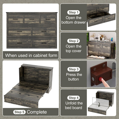 Murphy Bed Cabinet Queen Size with Charging Station, Multi-Functional Foldable Platform Bed with 1 Large Storage Drawer for Guest Room, Small Bedroom, Rustic Gray