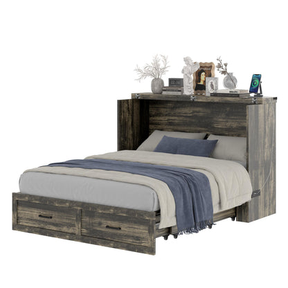 Murphy Bed Cabinet Queen Size with Charging Station, Multi-Functional Foldable Platform Bed with 1 Large Storage Drawer for Guest Room, Small Bedroom, Rustic Gray