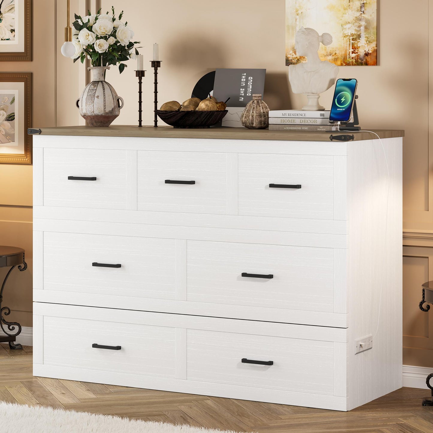 Murphy Bed Cabinet Queen Size with Charging Station, Multi-Functional Foldable Platform Bed with 1 Large Storage Drawer for Guest Room, Small Bedroom, White