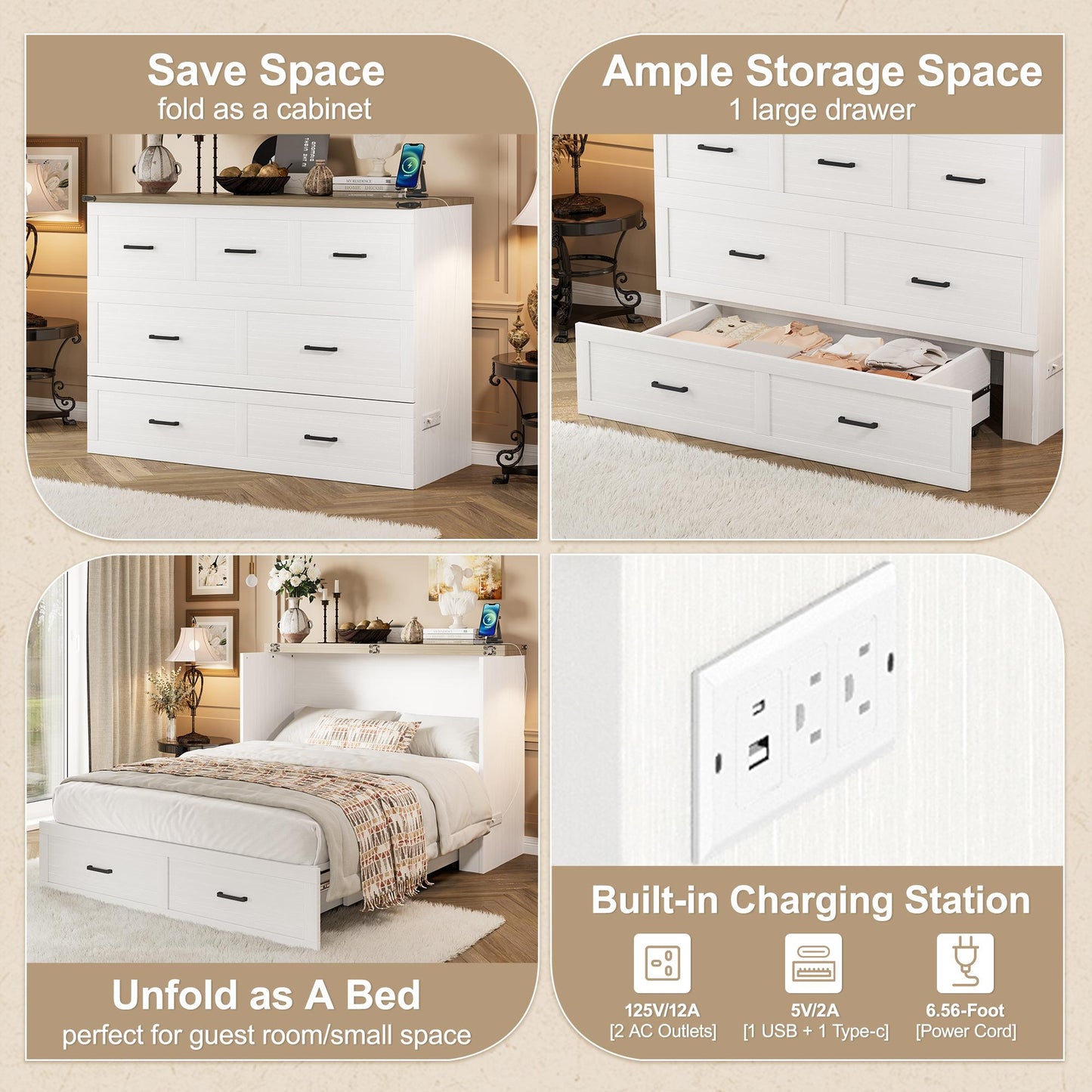 Murphy Bed Cabinet Queen Size with Charging Station, Multi-Functional Foldable Platform Bed with 1 Large Storage Drawer for Guest Room, Small Bedroom, White