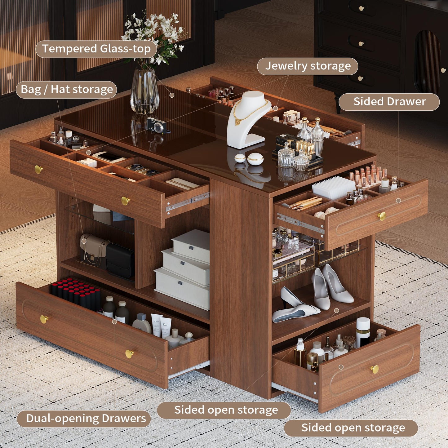 Closet Island with 6 Drawers, Wardrobe Armoire Bedroom Island with Glass Display Top and Open Shelves, Jewelry Storage Vanity Island with compartments, Walk-in Closet Island for Cloakroom, Walnut
