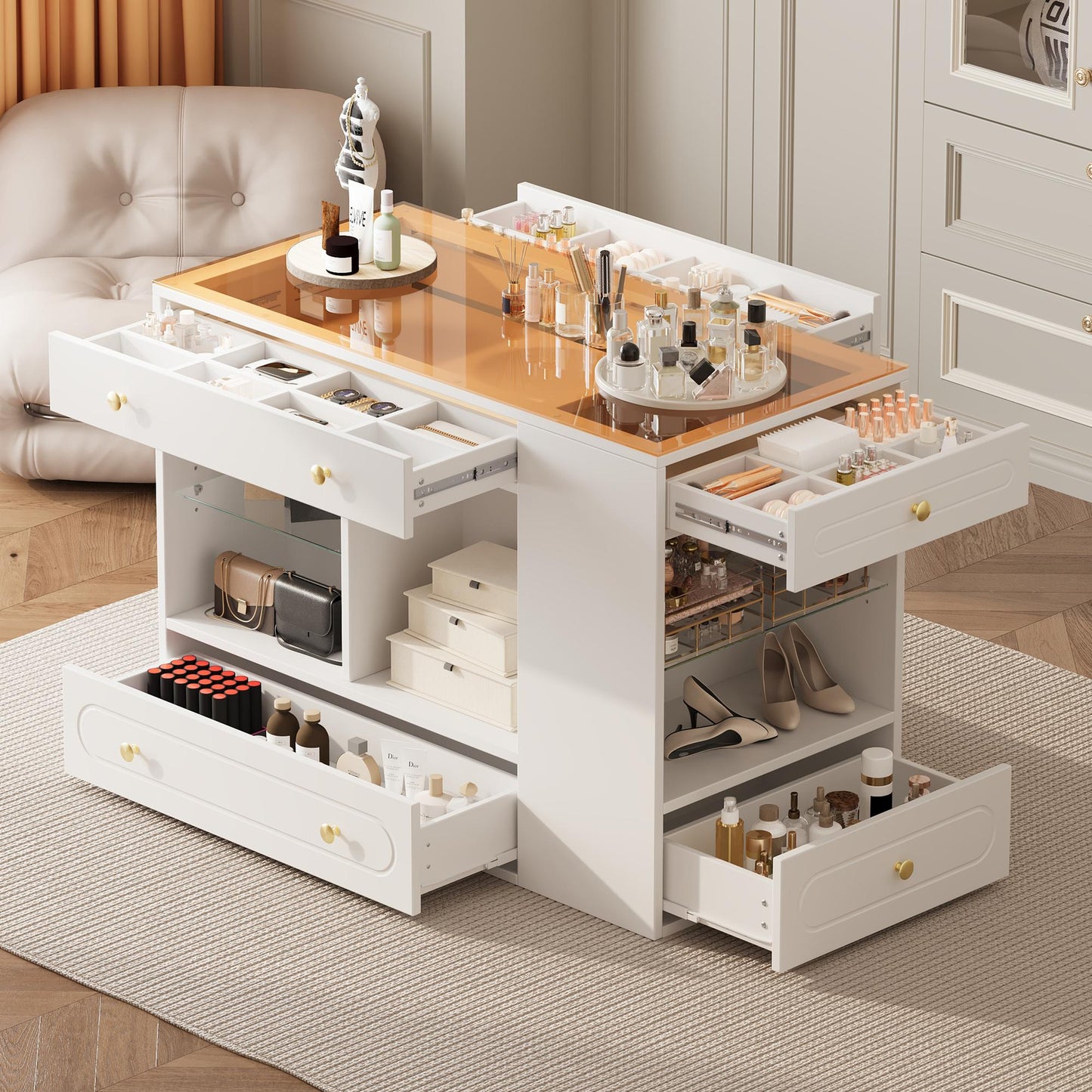 Closet Island with 6 Drawers, Wardrobe Armoire Bedroom Island with Glass Display Top and Open Shelves, Jewelry Storage Vanity Island with compartments, Walk-in Closet Island for Cloakroom, White