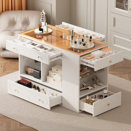 Closet Island with 6 Drawers, Wardrobe Armoire Bedroom Island with Glass Display Top and Open Shelves, Jewelry Storage Vanity Island with compartments, Walk-in Closet Island for Cloakroom, White