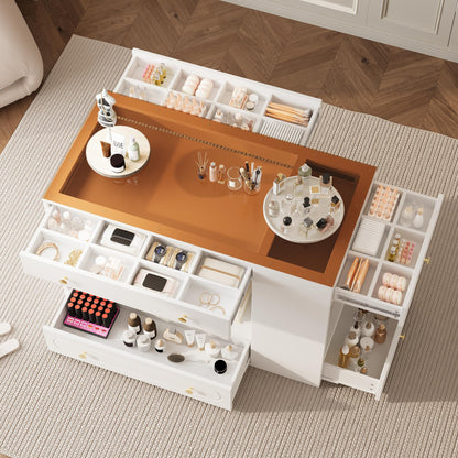 Closet Island with 6 Drawers, Wardrobe Armoire Bedroom Island with Glass Display Top and Open Shelves, Jewelry Storage Vanity Island with compartments, Walk-in Closet Island for Cloakroom, White