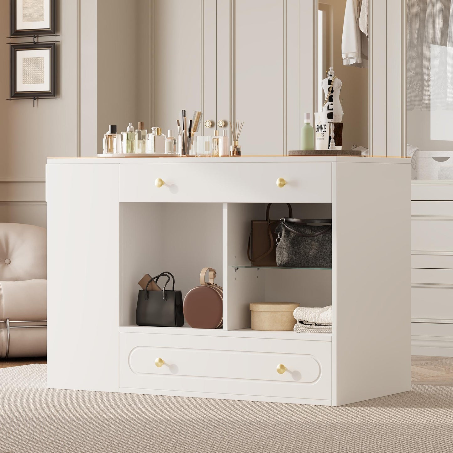 Closet Island with 6 Drawers, Wardrobe Armoire Bedroom Island with Glass Display Top and Open Shelves, Jewelry Storage Vanity Island with compartments, Walk-in Closet Island for Cloakroom, White