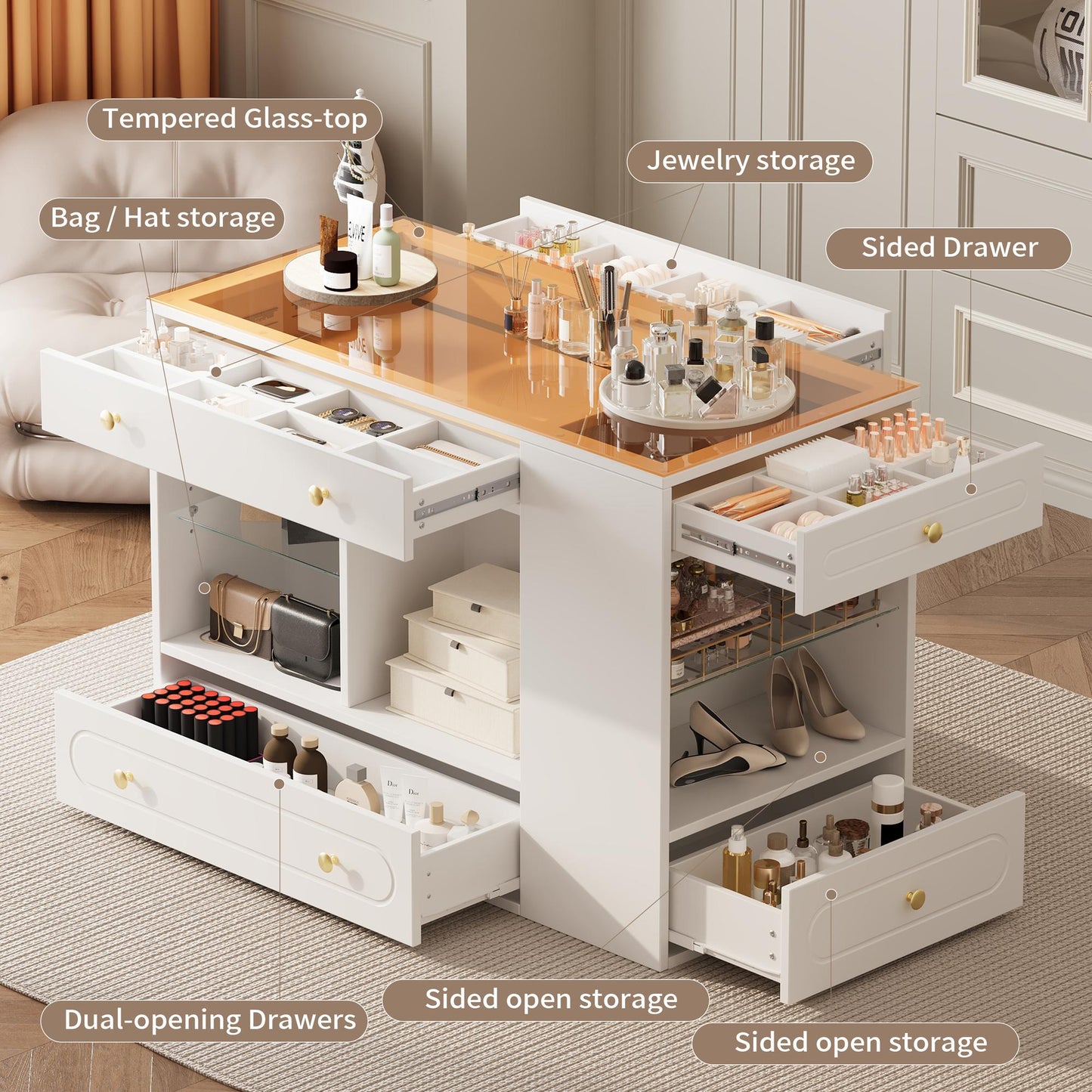 Closet Island with 6 Drawers, Wardrobe Armoire Bedroom Island with Glass Display Top and Open Shelves, Jewelry Storage Vanity Island with compartments, Walk-in Closet Island for Cloakroom, White