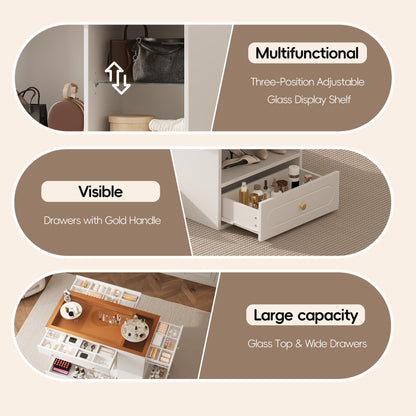 Closet Island with 6 Drawers, Wardrobe Armoire Bedroom Island with Glass Display Top and Open Shelves, Jewelry Storage Vanity Island with compartments, Walk-in Closet Island for Cloakroom, White