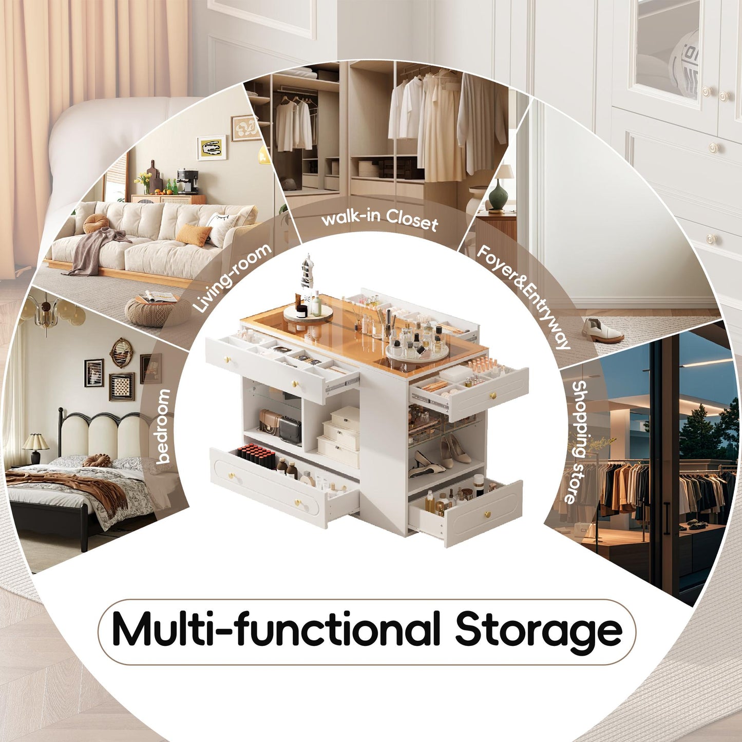 Closet Island with 6 Drawers, Wardrobe Armoire Bedroom Island with Glass Display Top and Open Shelves, Jewelry Storage Vanity Island with compartments, Walk-in Closet Island for Cloakroom, White