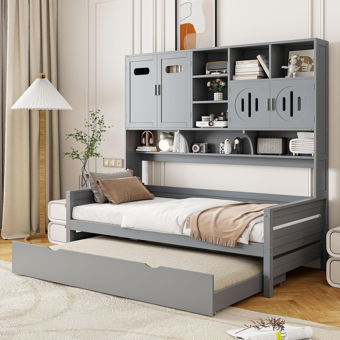 Twin Size Wooden Daybed With Twin Size Trundle, and All-in-One Cabinet and Shelf, Gray