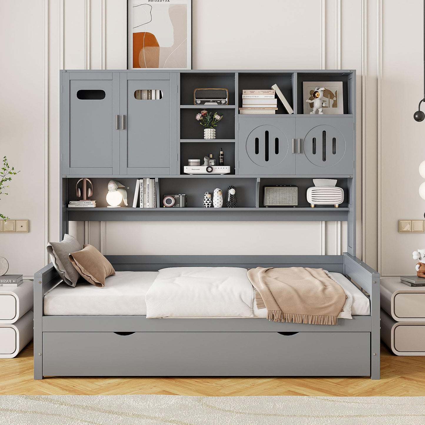 Twin Size Wooden Daybed With Twin Size Trundle, and All-in-One Cabinet and Shelf, Gray