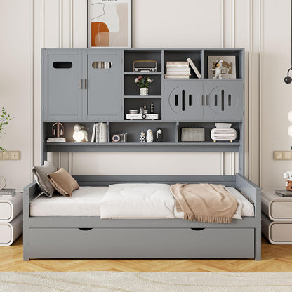 Twin Size Wooden Daybed With Twin Size Trundle, and All-in-One Cabinet and Shelf, Gray