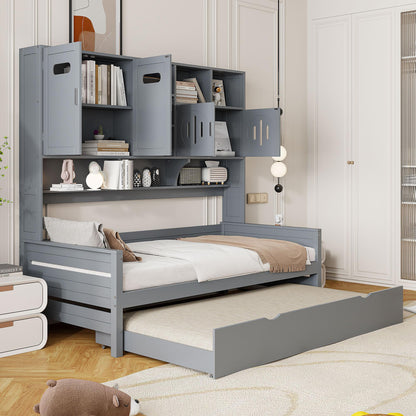 Twin Size Wooden Daybed With Twin Size Trundle, and All-in-One Cabinet and Shelf, Gray