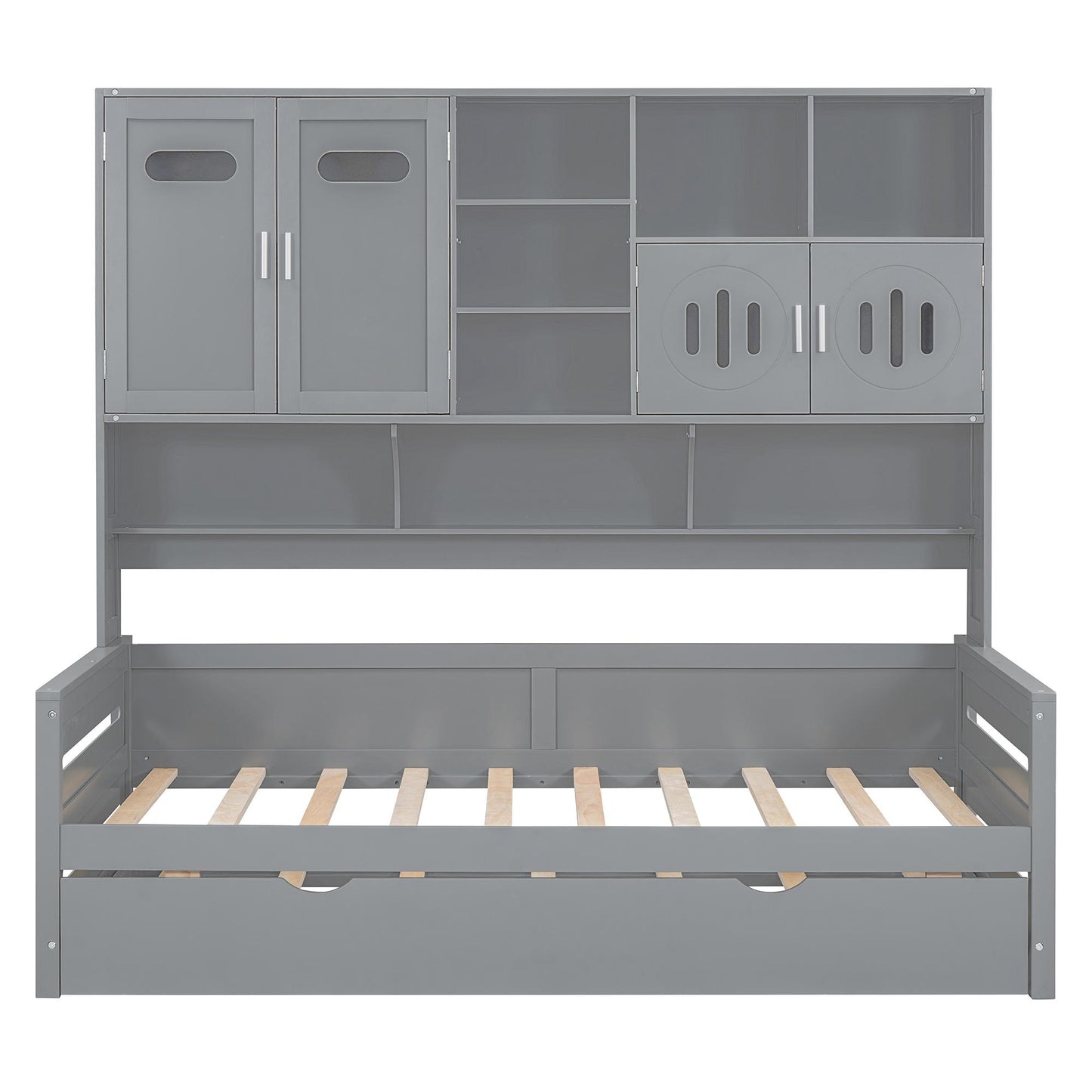 Twin Size Wooden Daybed With Twin Size Trundle, and All-in-One Cabinet and Shelf, Gray