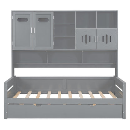 Twin Size Wooden Daybed With Twin Size Trundle, and All-in-One Cabinet and Shelf, Gray