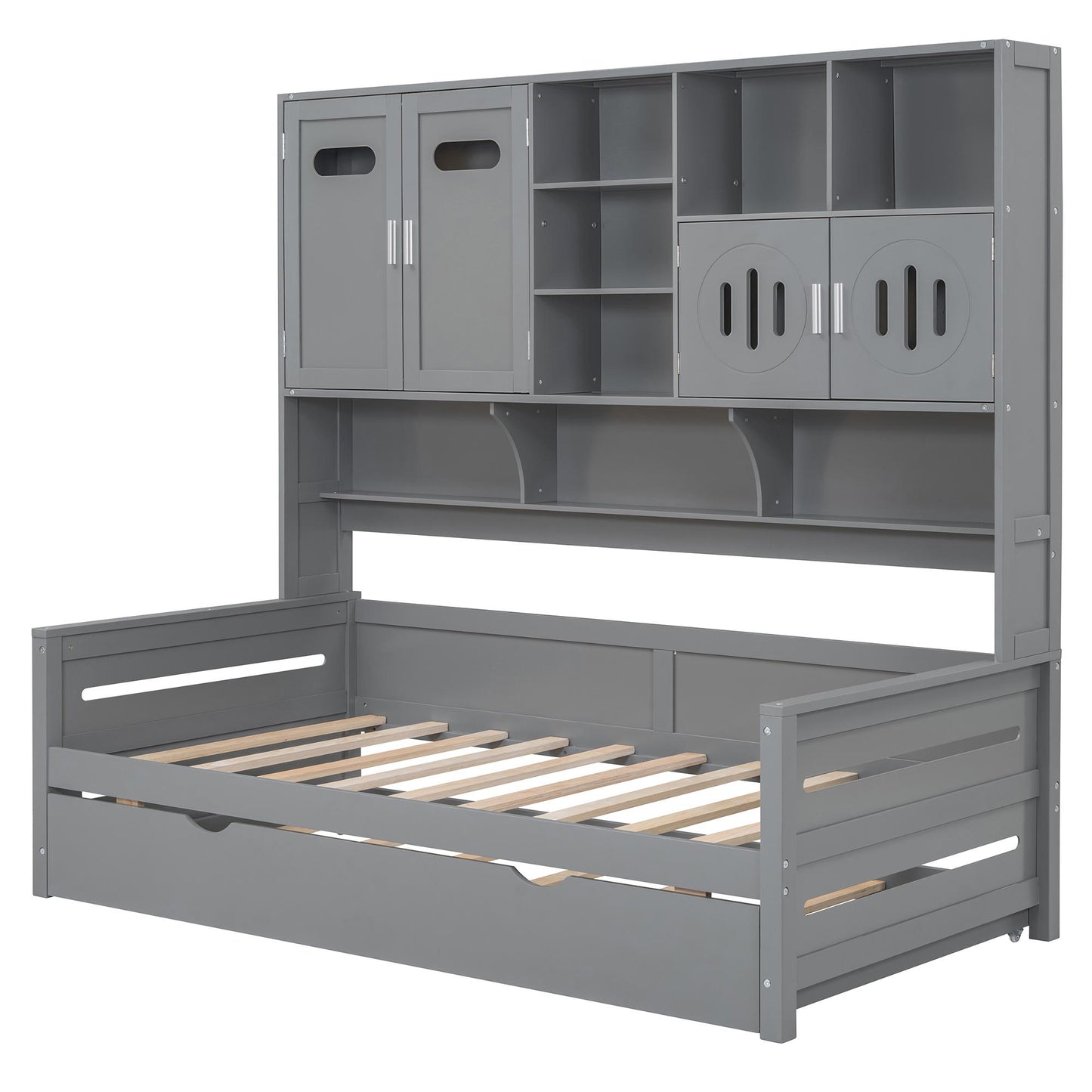 Twin Size Wooden Daybed With Twin Size Trundle, and All-in-One Cabinet and Shelf, Gray