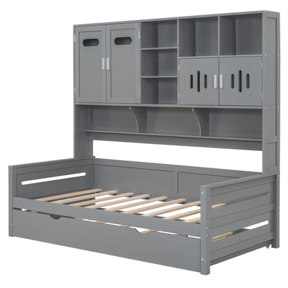 Twin Size Wooden Daybed With Twin Size Trundle, and All-in-One Cabinet and Shelf, Gray