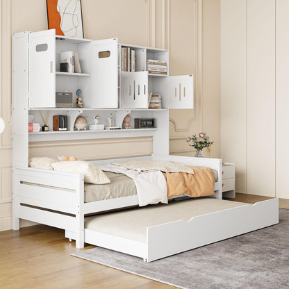 Twin Size Wooden Daybed With Twin Size Trundle, and All-in-One Cabinet and Shelf, White