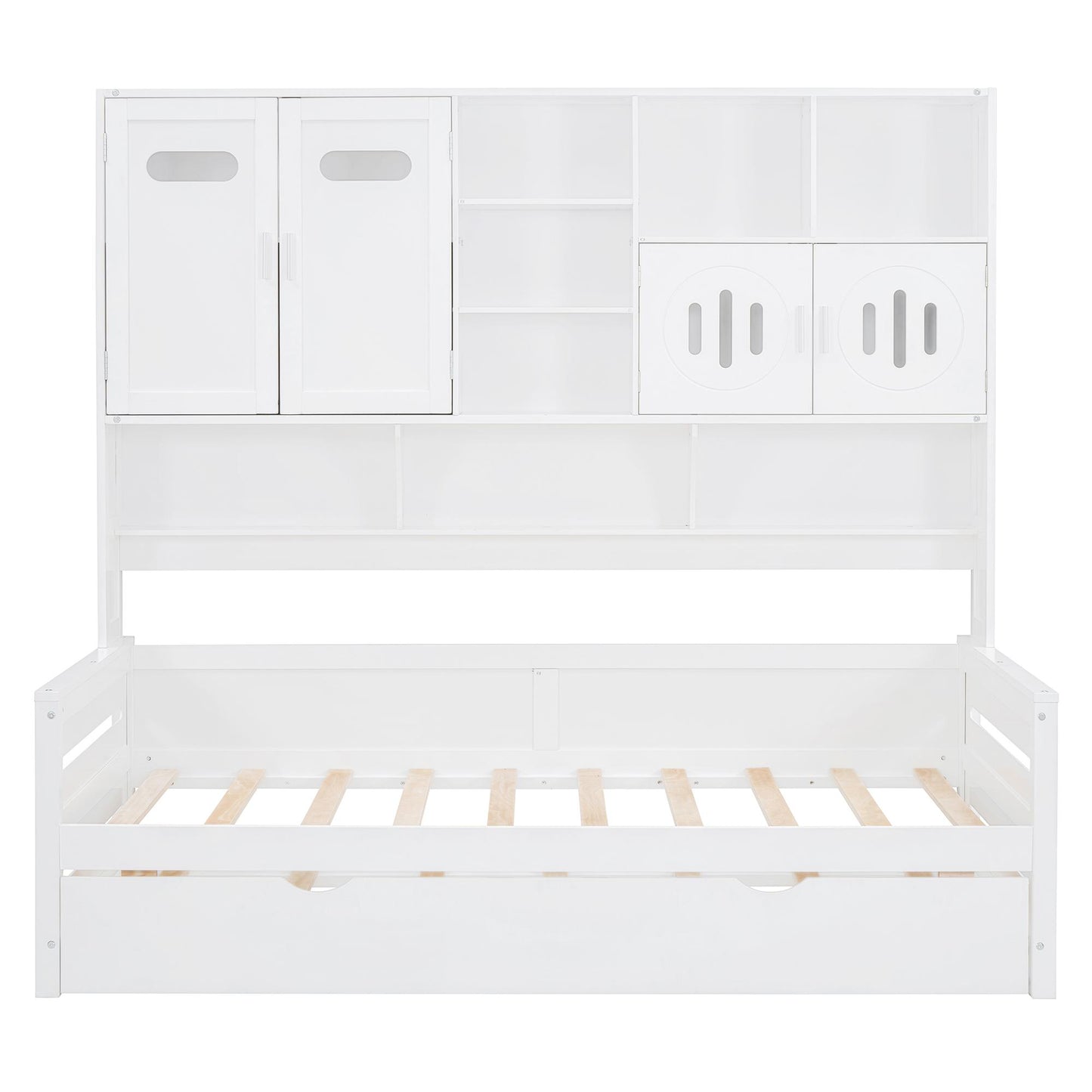 Twin Size Wooden Daybed With Twin Size Trundle, and All-in-One Cabinet and Shelf, White
